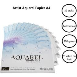   Multipack | 12x Aquarelblok A4 | 300gr | 20vel | A4 Formaat 21x29,7cm| Aquarelpapier verf
